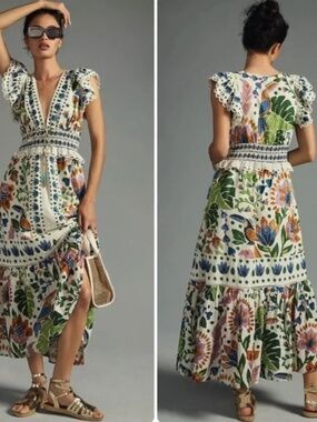 FARM Rio White Maxi Dress with Multicolor Toucan Garden Floral Print M